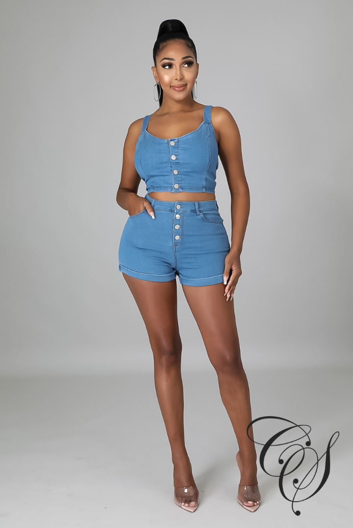 Magdalena Denim Button Crop Top & Shorts Set