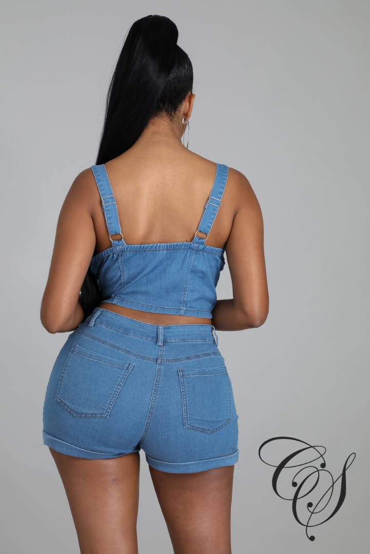 Magdalena Denim Button Crop Top & Shorts Set