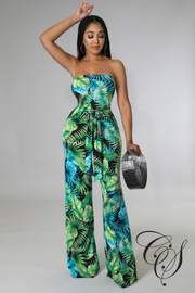 Mara Green Tropical Strapless Jumpsuit