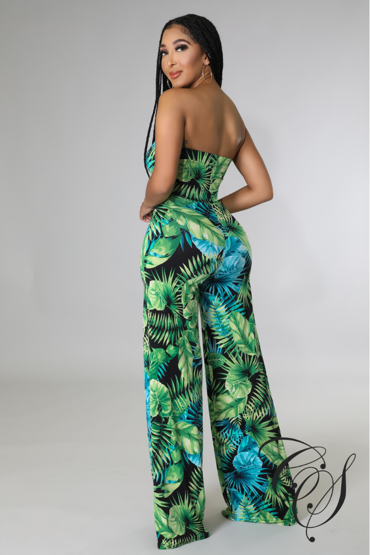 Mara Green Tropical Strapless Jumpsuit