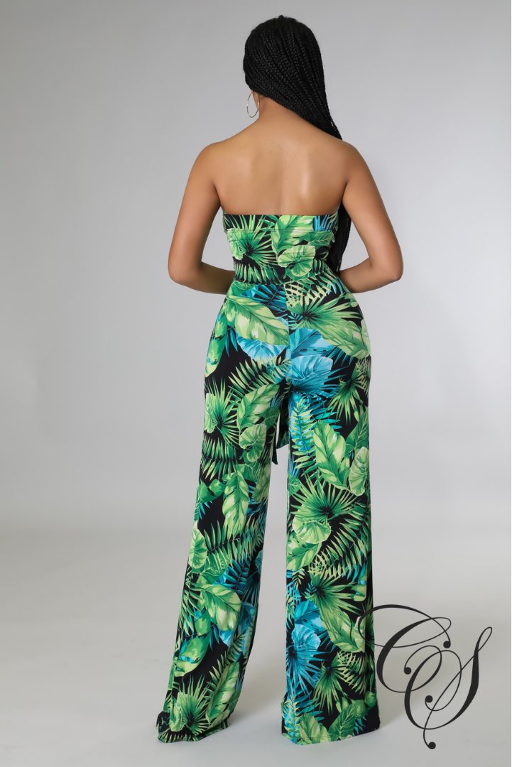 Mara Green Tropical Strapless Jumpsuit
