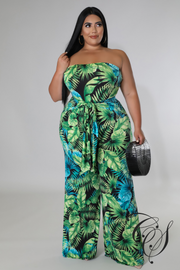 Mara Green Tropical Strapless Jumpsuit