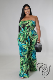 Mara Green Tropical Strapless Jumpsuit
