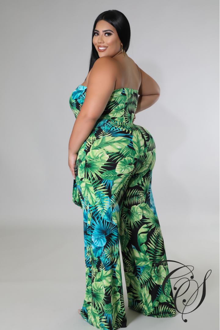 Mara Green Tropical Strapless Jumpsuit