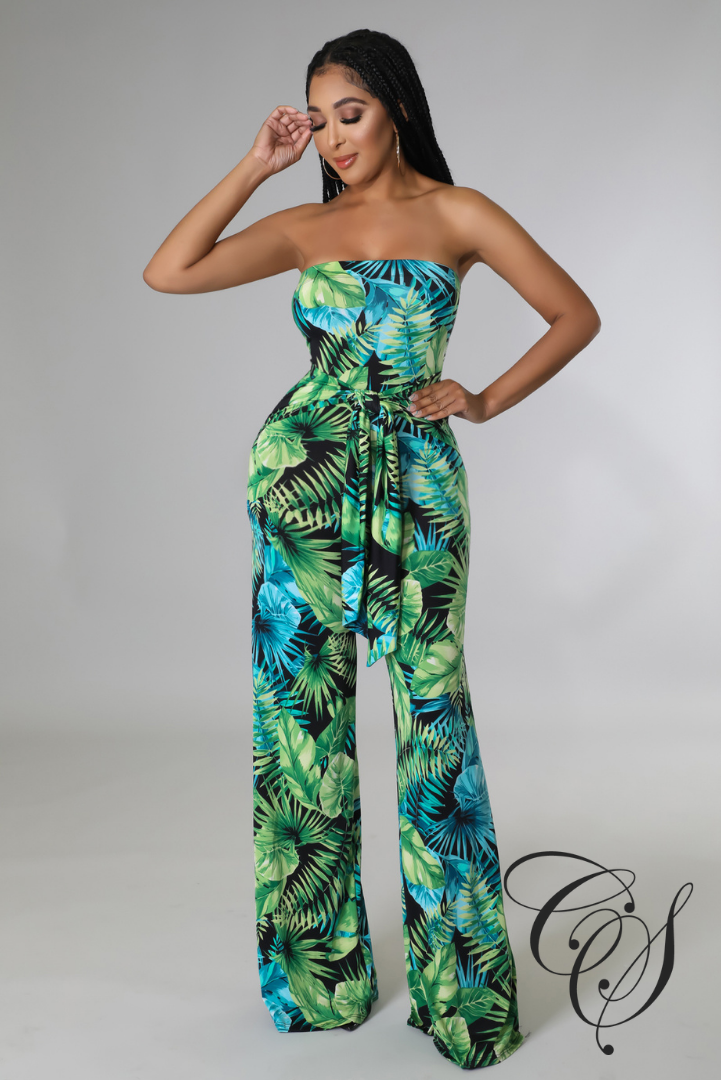 Mara Green Tropical Strapless Jumpsuit