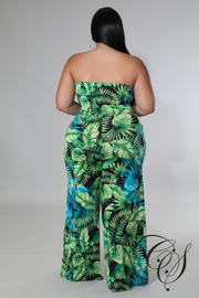 Mara Green Tropical Strapless Jumpsuit