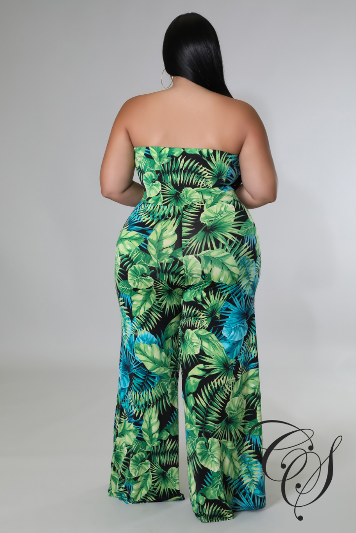 Mara Green Tropical Strapless Jumpsuit