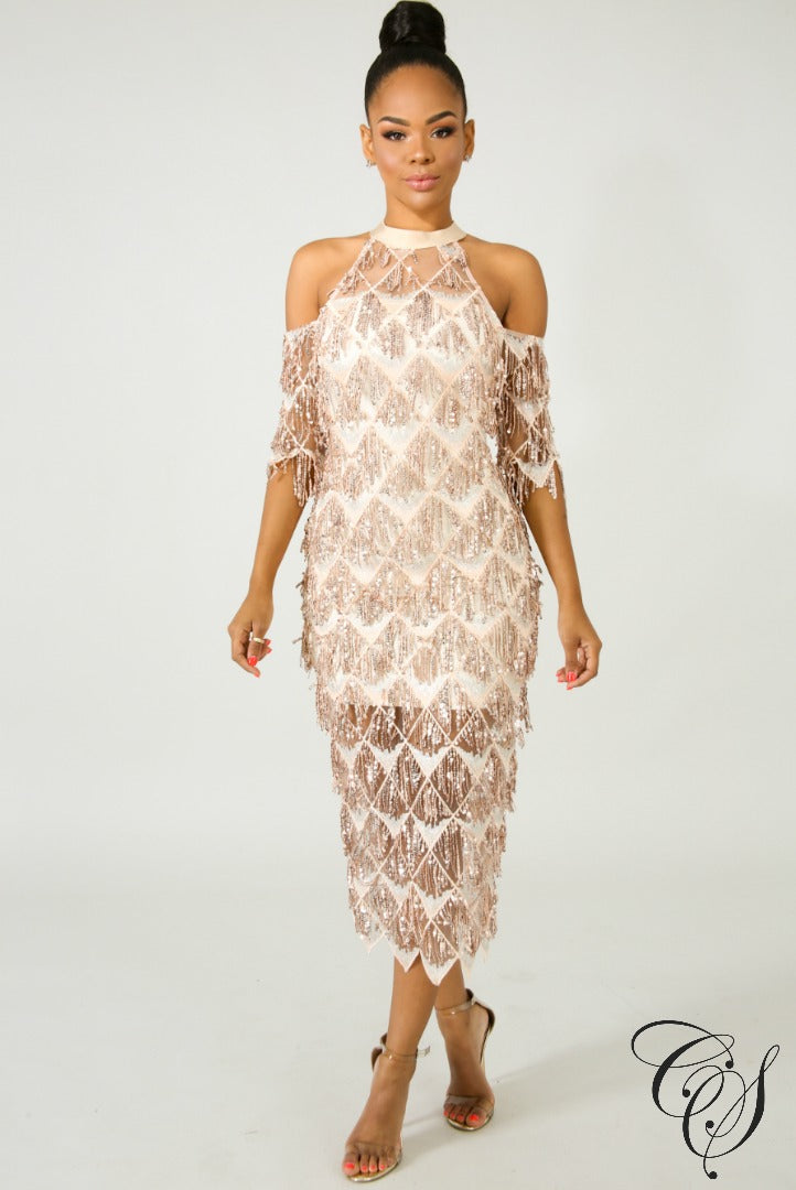 Margaret Fringe Sequin Midi Dress, Dresses - Designs By Cece Symoné