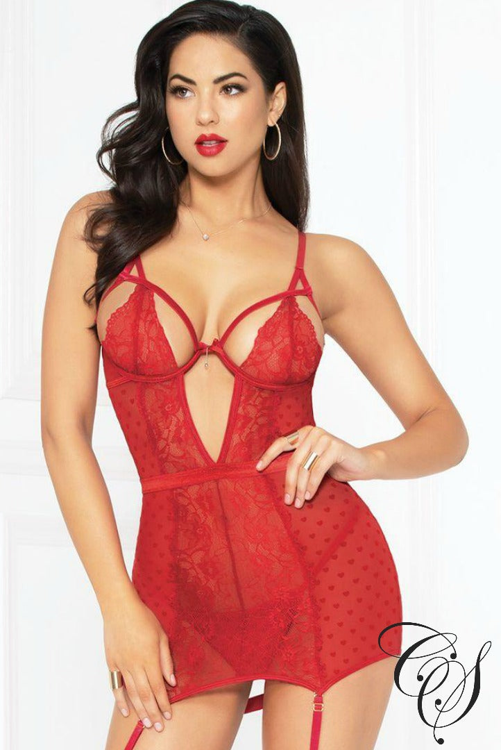 Mimi Skip a Beat Heart Mesh Chemise & Thong, Lingerie - Designs By Cece Symoné