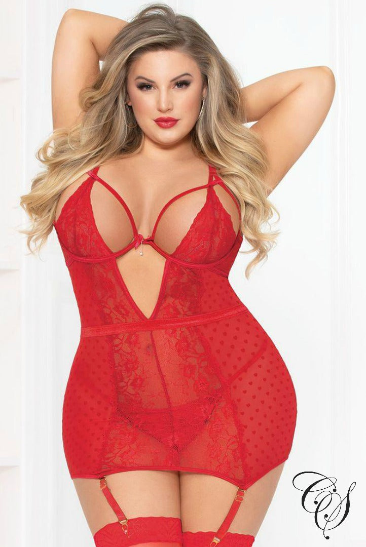 Mimi Skip a Beat Heart Mesh Chemise & Thong, Lingerie - Designs By Cece Symoné