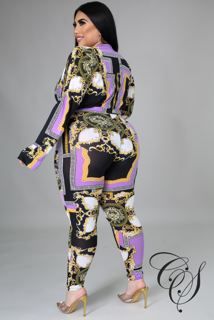 Nakia Purple Chain Print Bodysuit Pant Set