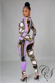 Nakia Purple Chain Print Bodysuit Pant Set