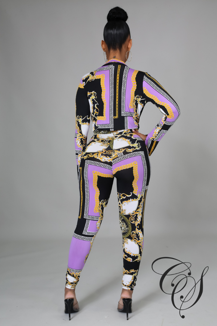 Nakia Purple Chain Print Bodysuit Pant Set