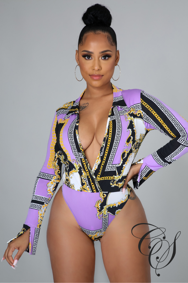Nakia Purple Chain Print Bodysuit Pant Set
