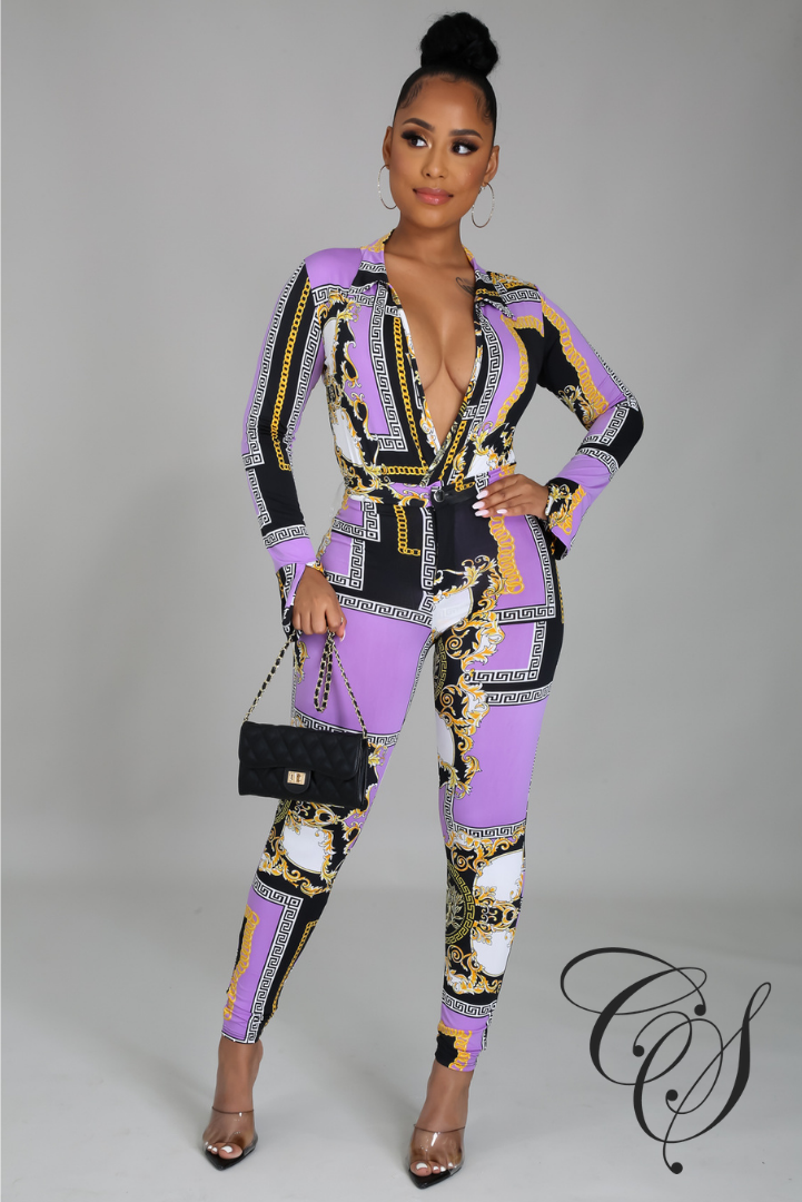 Nakia Purple Chain Print Bodysuit Pant Set