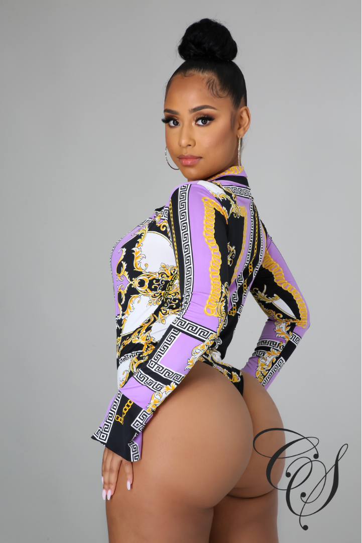 Nakia Purple Chain Print Bodysuit Pant Set