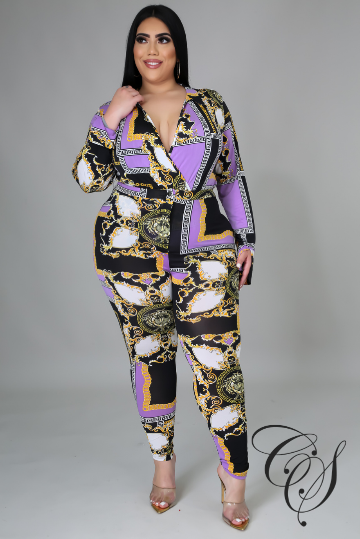 Nakia Purple Chain Print Bodysuit Pant Set