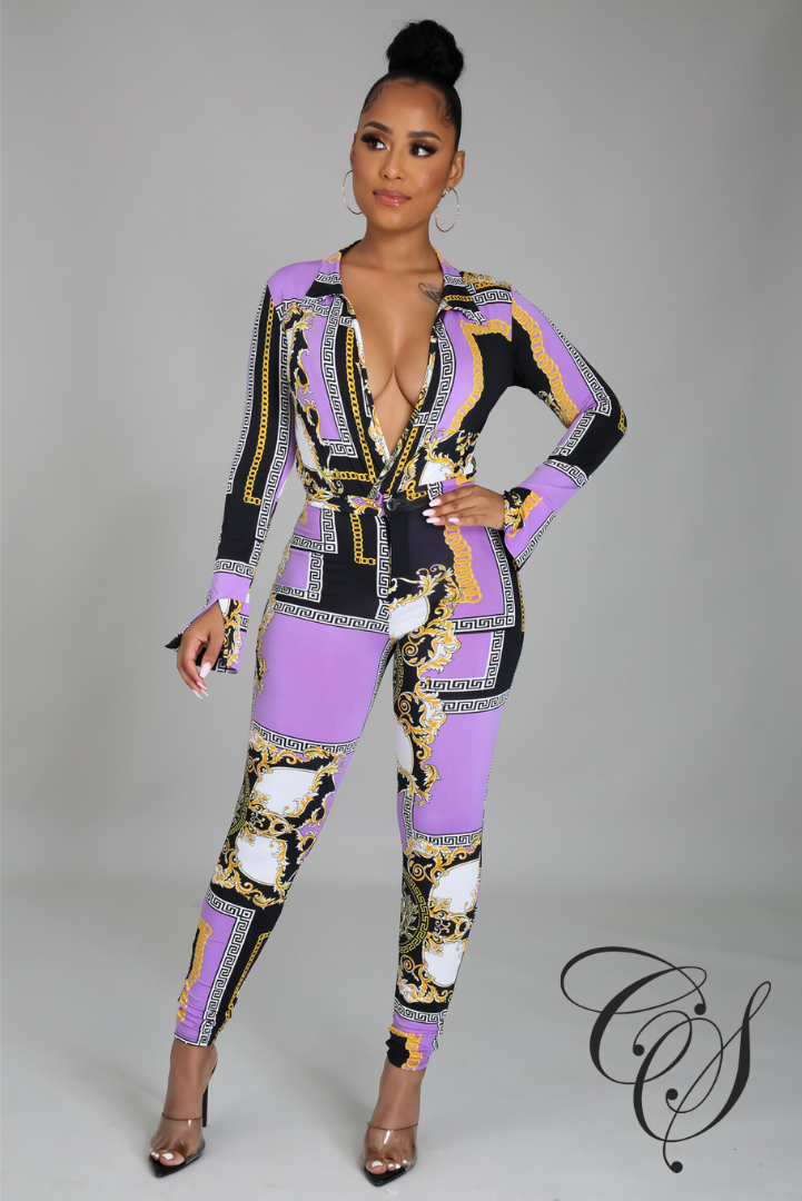 Nakia Purple Chain Print Bodysuit Pant Set