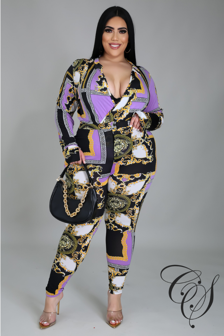 Nakia Purple Chain Print Bodysuit Pant Set