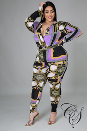 Nakia Purple Chain Print Bodysuit Pant Set