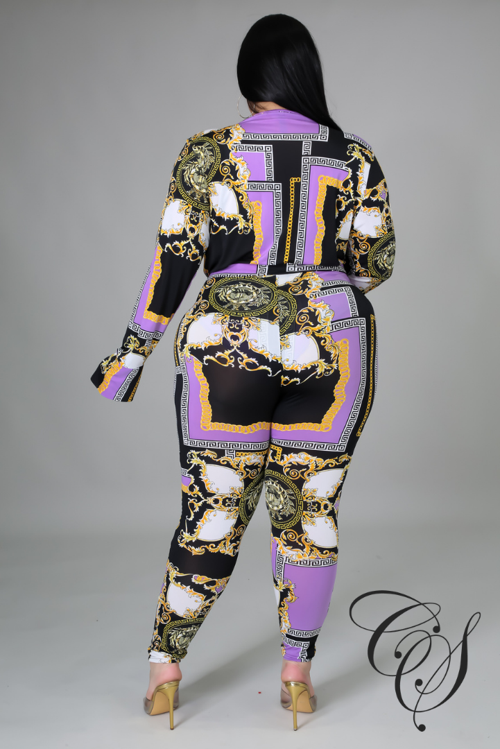 Nakia Purple Chain Print Bodysuit Pant Set
