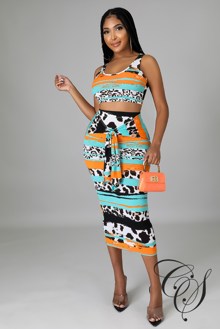 Nathalie Contrast Animal Print Skirt Set