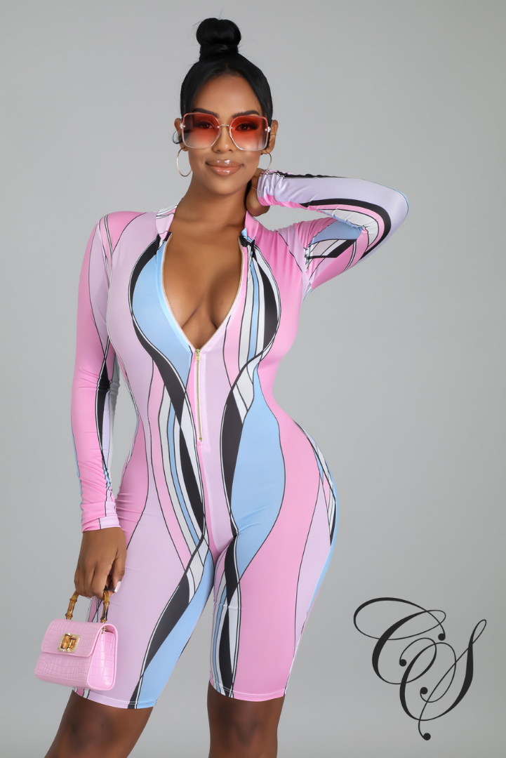 Nelly Multi- Colored Zip Front Short Sleeve Romper