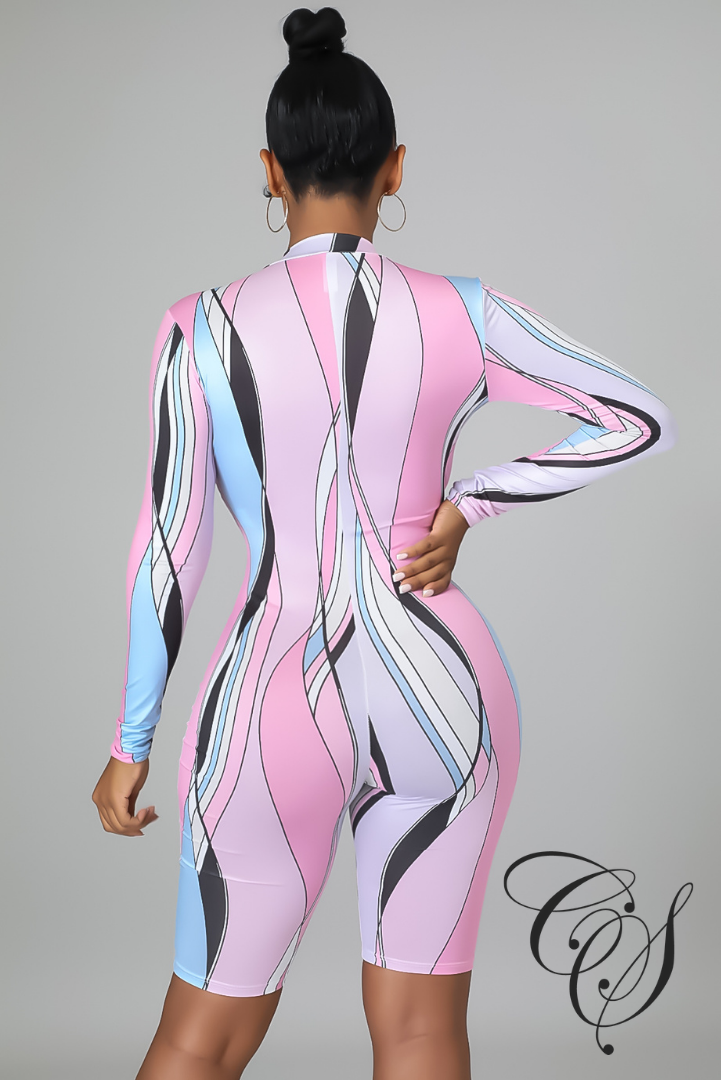 Nelly Multi- Colored Zip Front Short Sleeve Romper