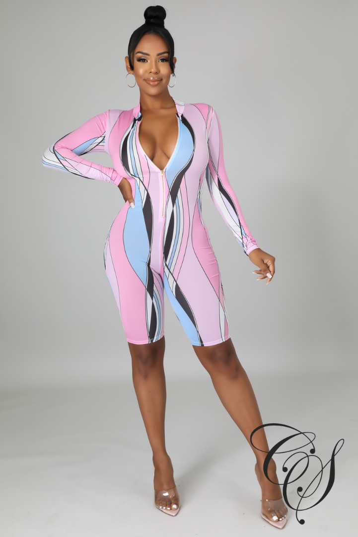 Nelly Multi- Colored Zip Front Short Sleeve Romper