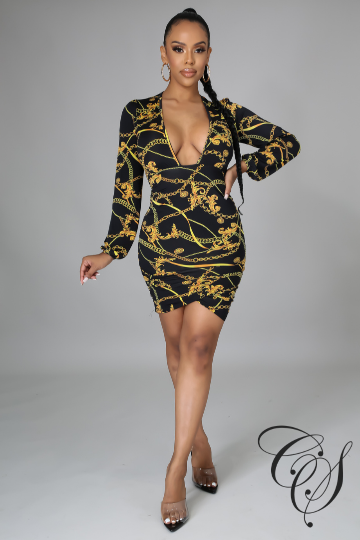 Phyllis Draped V Neck Chain Print Mini Dress