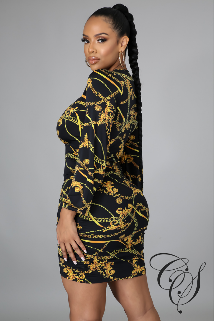 Phyllis Draped V Neck Chain Print Mini Dress