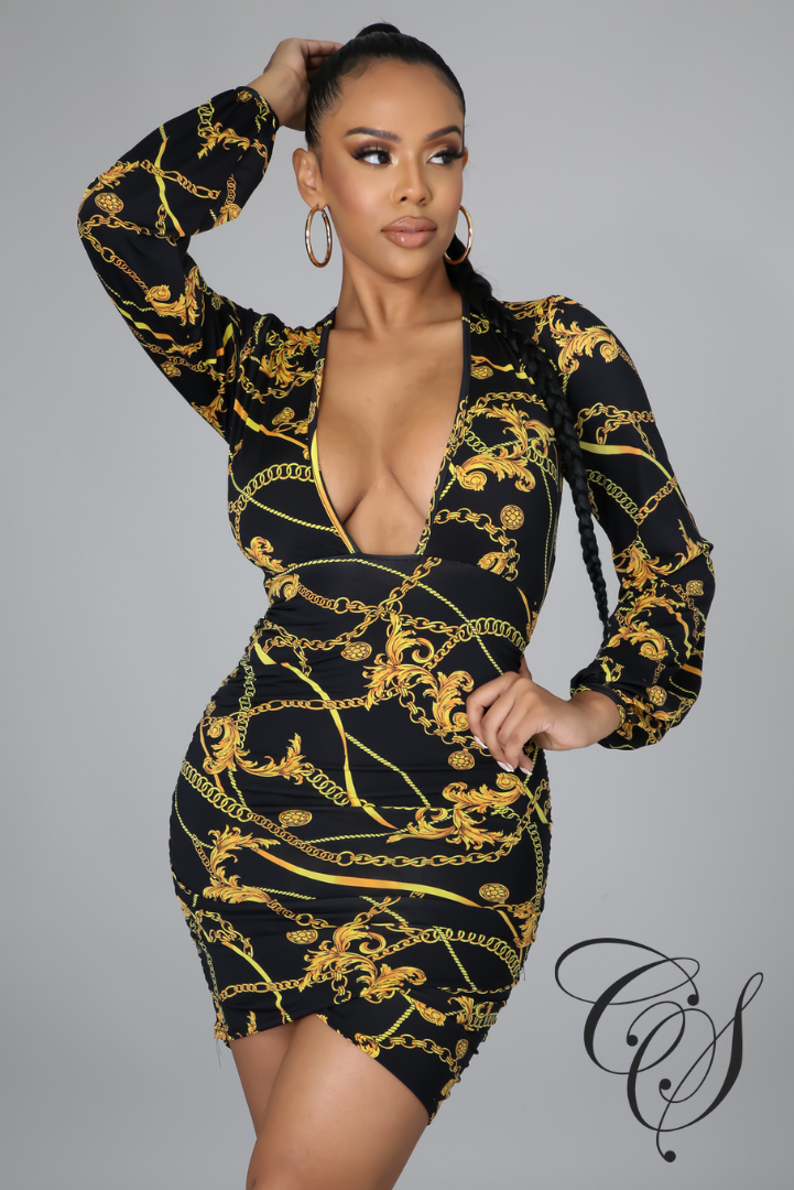 Phyllis Draped V Neck Chain Print Mini Dress