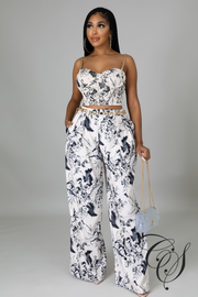 Rachel Floral Print Corset Top And Wide Leg Pants Set