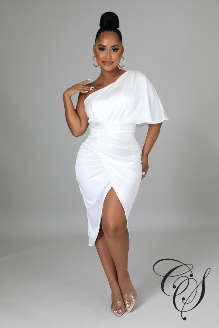 Ray Satin Draped One Shoulder Midi Dress