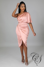 Ray Satin Draped One Shoulder Midi Dress