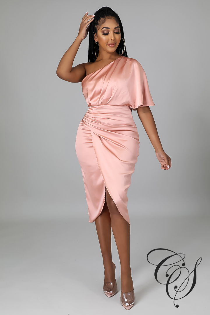 Ray Satin Draped One Shoulder Midi Dress