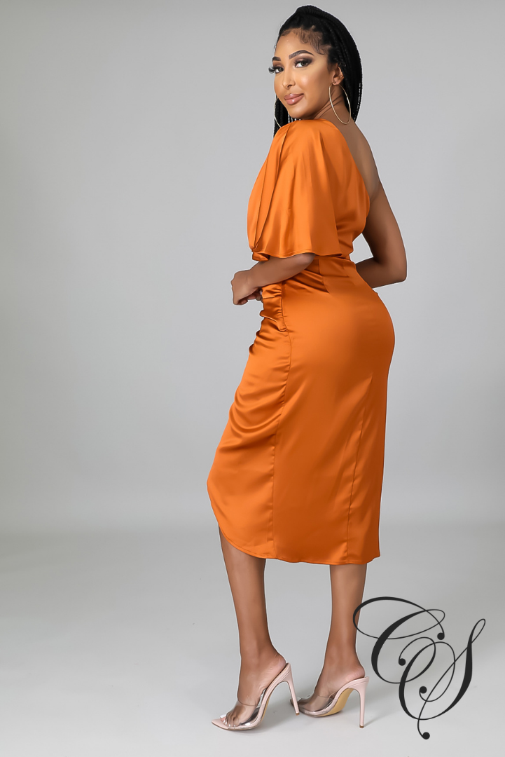 Ray Satin Draped One Shoulder Midi Dress