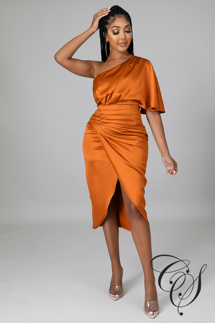 Ray Satin Draped One Shoulder Midi Dress