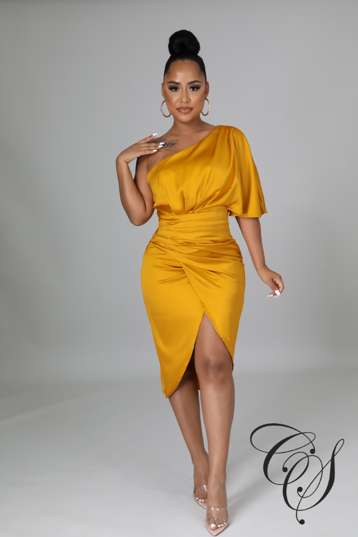 Ray Satin Draped One Shoulder Midi Dress