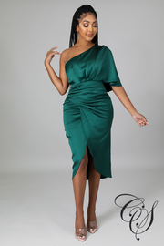 Ray Satin Draped One Shoulder Midi Dress