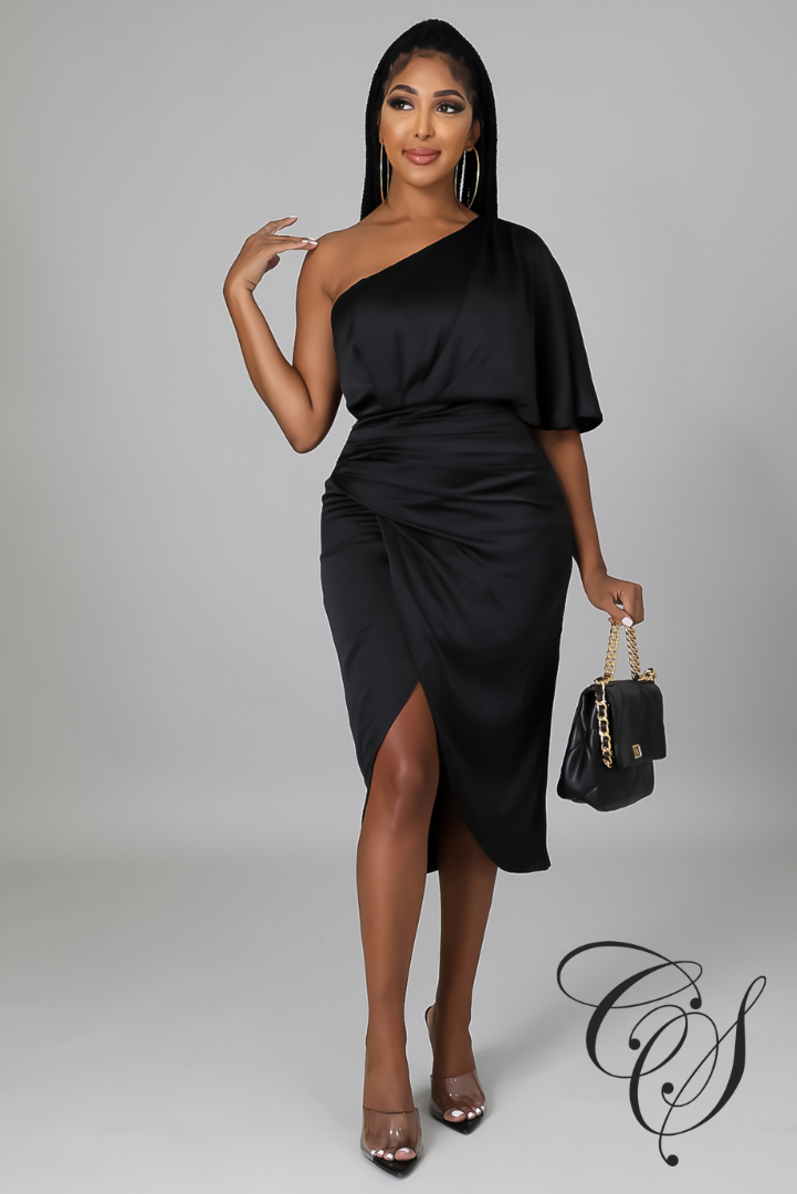 Ray Satin Draped One Shoulder Midi Dress