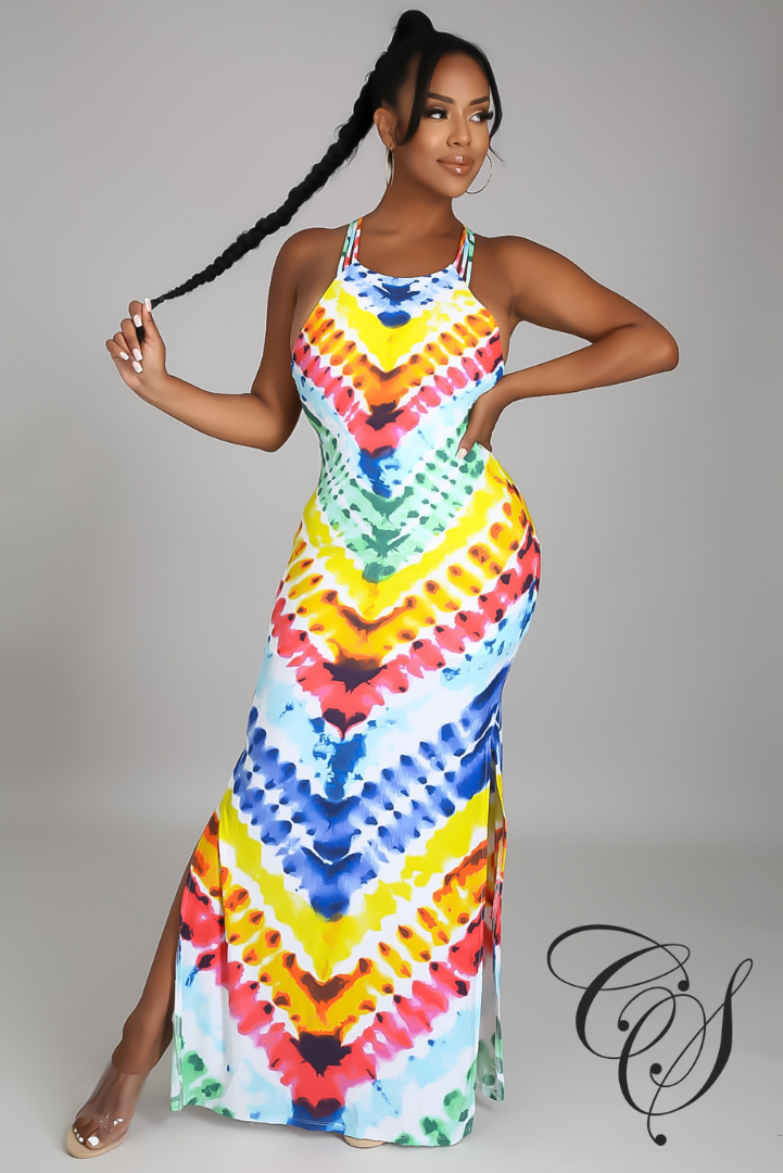 Reese Chevron Tie Dye Print Slit Side Maxi Dress