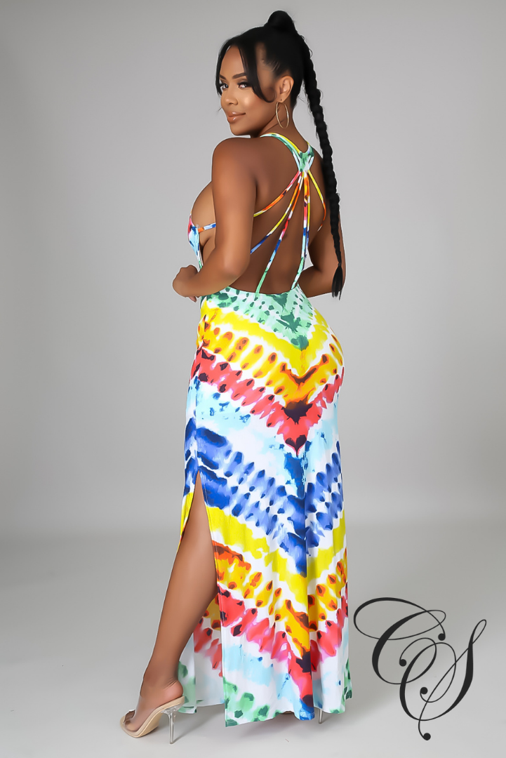 Reese Chevron Tie Dye Print Slit Side Maxi Dress