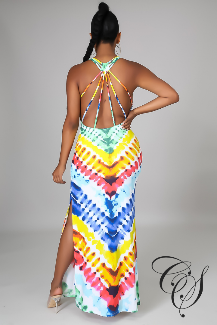 Reese Chevron Tie Dye Print Slit Side Maxi Dress