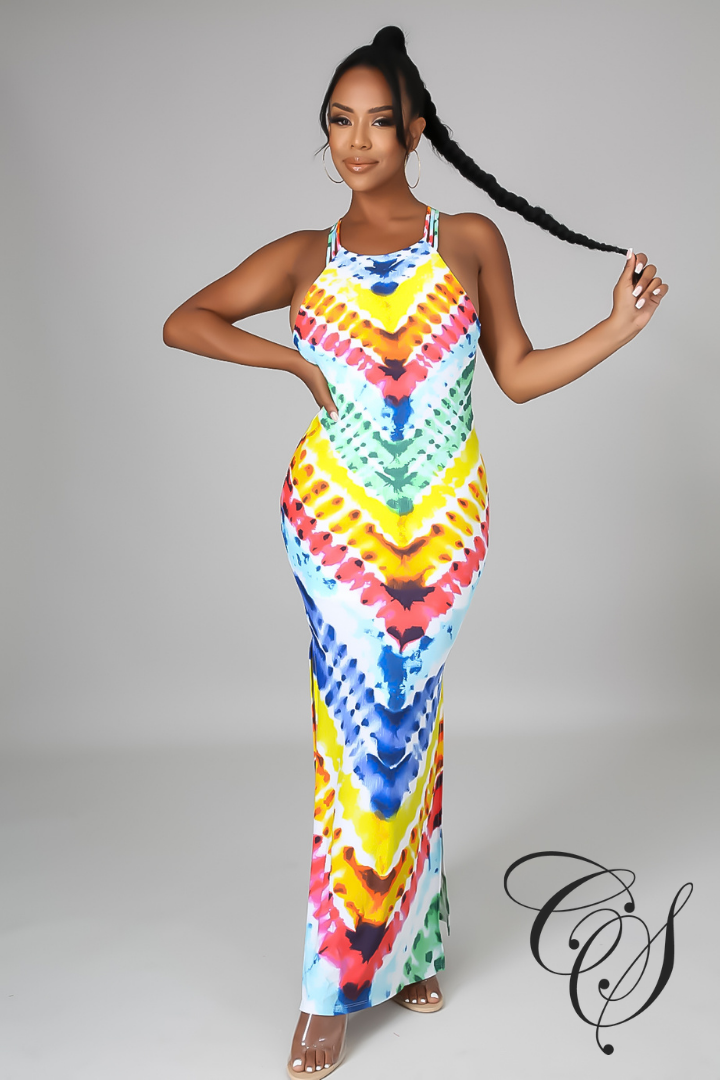 Reese Chevron Tie Dye Print Slit Side Maxi Dress