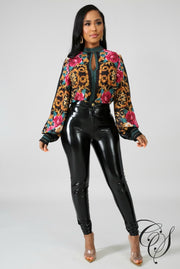 Rosalyn Sheer Chevron Floral Bodysuit, Top - Designs By Cece Symoné