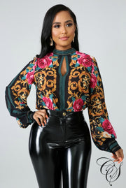 Rosalyn Sheer Chevron Floral Bodysuit, Top - Designs By Cece Symoné