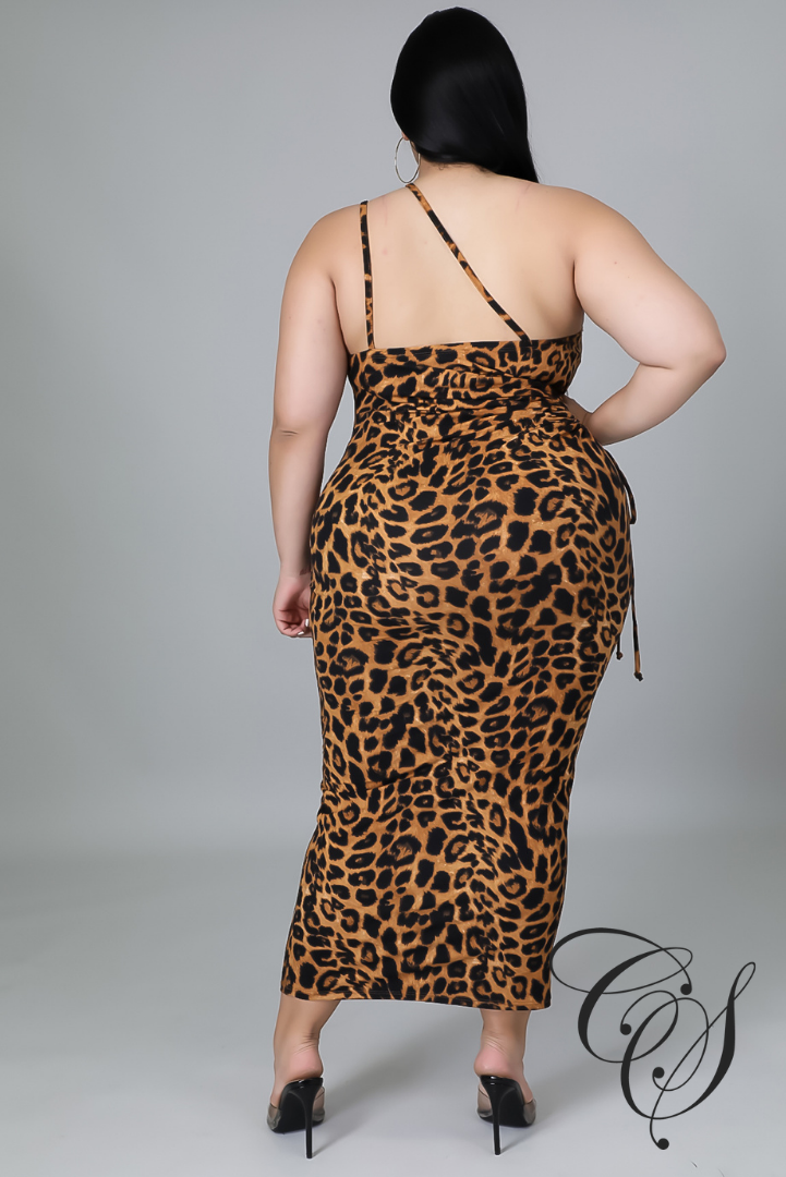 Rylan Leopard Print Slinky Strappy Ruched Midaxi Dress