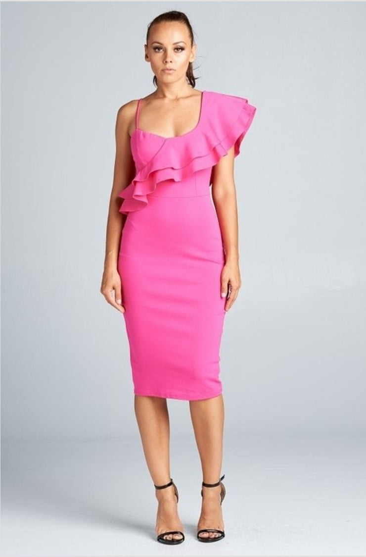 Anniversary Collection: One shoulder ruffled dress (Hot Pink), Dresses - Designs By Cece Symoné