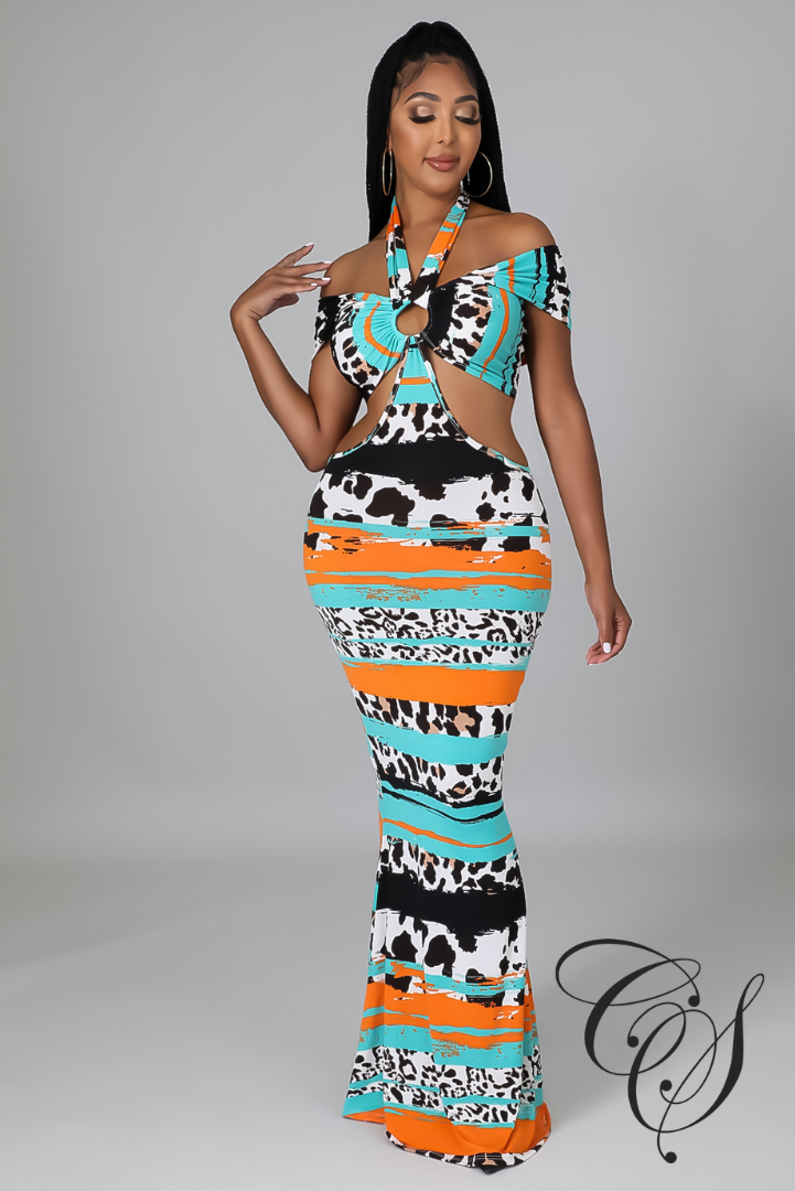 Seba Contrast Animal Print Cut Out Maxi Dress